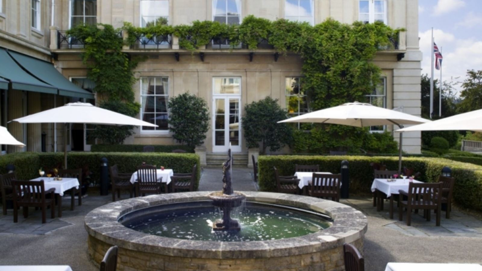 Fountain and outdoor tables at MacDonald Bath Spa Hotel